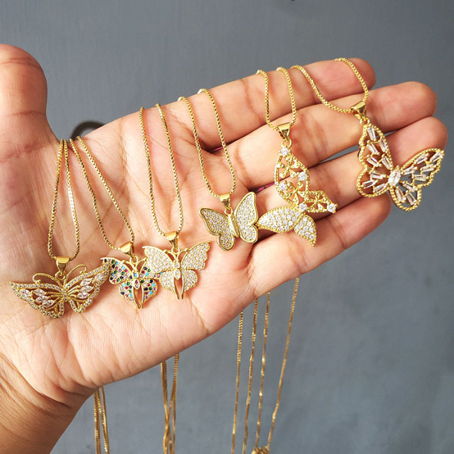 NZ1200 Trendy charm butterfly pendant women necklace ,fashion shiny cubic zircon charm box chain ladies necklace