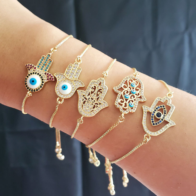 BC1268 Fashion Gold plated Brass CZ Micro Pave hamas palm hand chain with eyes wrist ladies  bracelet