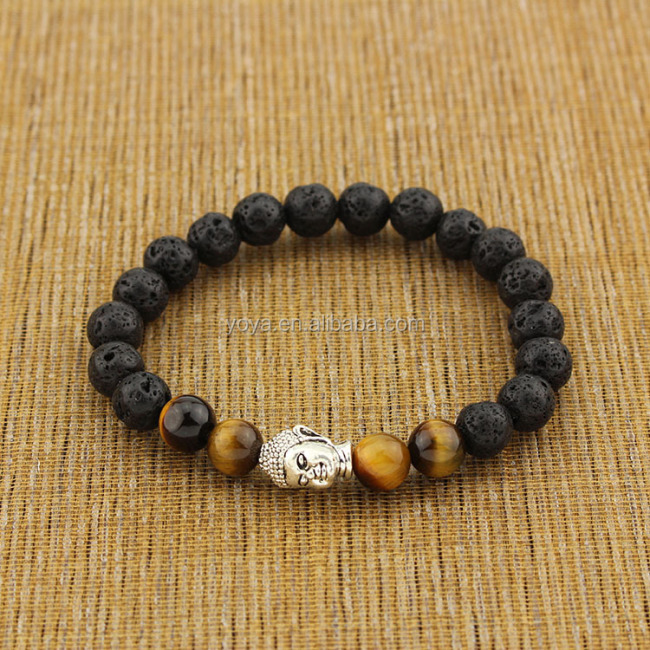 BRU0728 lava and tigereye beaded lucky silver buddha head bracelet for boyfriend gift