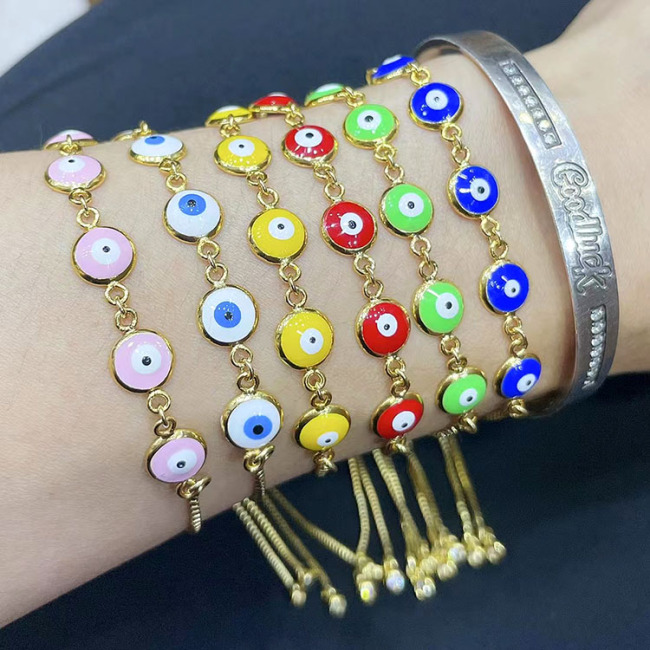 BM1050 Adjustable 18k Gold Plated Rainbow Enamel Multicolor Evil Eyes Spiritual Chain Slide bracelets