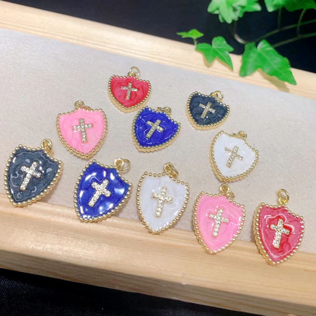 CZ8400 Gold Plated cz diamond pave Cross on Colorful enamel shield charms Pendant gift for lady