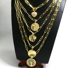 NZ1286 Popular Chic Gold CZ Diamond Heart Moon Sun Pendant Toggle Paperclip Link Chain Necklace