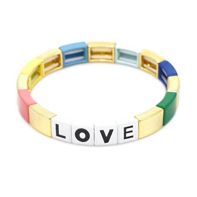 BM2011 New 2019 Popular Enamel Rainbow Brite Alphabet Love Enameled Crush Colorful Tile Elastic Bracelet