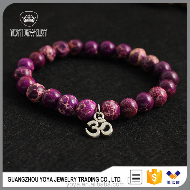 BRT0981 Natural Purple Imperial Jasper Beaded Bracelet with OM Charm,Yoga Ohm Mantra Bracelets