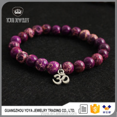 BRT0981 Natural Purple Imperial Jasper Beaded Bracelet with OM Charm,Yoga Ohm Mantra Bracelets