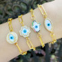 BC1372 Hot Sale CZ Micro Pave Gold Plated Mother of Pearl Shell Turkish Evil eyes Hamsa Hand Charm Bracelet with Paperclip Chain
