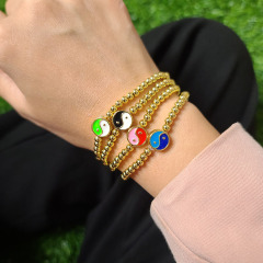 BM1079  Delicate Small 18K Gold Plated Beads with Enamel Multi Colored Yin Yang Zen Jewelry Elastic Bracelets for Women 2021