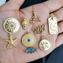 CZ8195 Dainty Assorted 18k Gold Plated CZ Micro Pave Evil Eyes Disc Starfish Moon& Star Whale Tail Charm Pendants