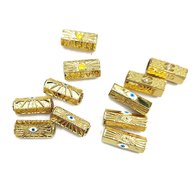 JF8725 18K Gold Plated Enamel Evil Eyes Hexagon Payer Box Drum Barrel Tube Spacer Beads for Bracelet Jewelry Making