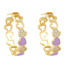 EC1820 2022 Womans Fashion 18K Gold Plated Clear CZ Baguette Micro Pave Enamel Heart Circle C  Hoop Earrings