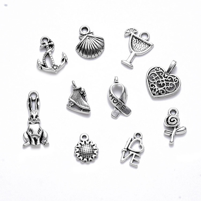 JF3801 Bulk Assorted Antique Silver Tone Alloy Metal Animal Heart Cross Feather Flower Charms for DIY Jewelry Making