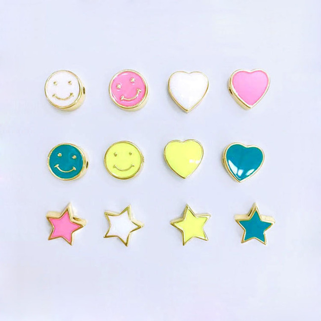 JS1538 18K Gold Plated Colorful Enamel Heart Star Smiley Brass Metal Round Disc Beads for Jewelry Making