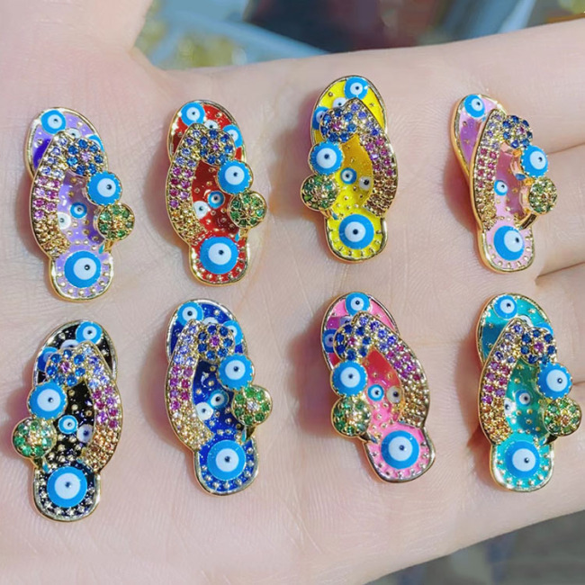 CZ8532 Fashion 18K Yellow Gold Plated Enamel Rainbow Evil Eyes CZ Flip Flop Slipper Charm Pendant