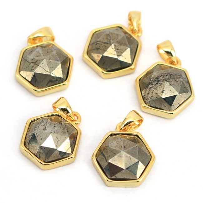 JF7279  New Dainty Gold Plated Bezel Faceted Natural Gemstone Hexagonal Charm Pendants
