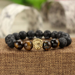 BRS1509 High Quality Stainless Steel Lion Head Bracelet,Black Lava & Tigereye Beaded Lion Face Men's Bracelet