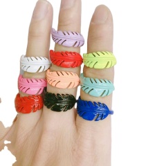 RA1023 Hot Fashion Neon Enamel Rainbow Colored Brass Meta feather Stackable Rings for Ladies