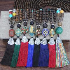 NW1007 Bohemian Handmade Wood Beaded Tassel Mala Necklace with Pave Stone Antique Gold Focal Beads,Spiritiualal Jewelry