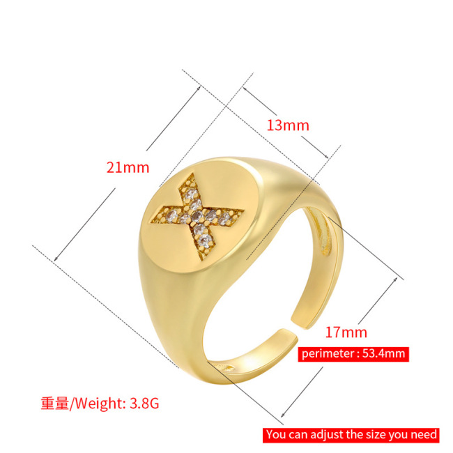 RM1230 18K gold plated brass metal Delicate Diamond Cubic Zirconia Paved Letter Alphabet Initial Adjustable Finger Rings