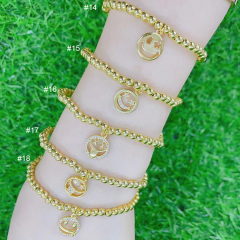 BC1331 Popular Small Gold Beaded Elastic Bracelets with Smiley Charm CZ Diamond Mirco Pave Emoticon Smiley Charm Bracelets