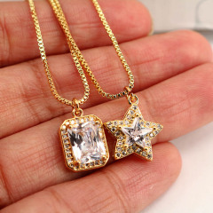 NZ1136  Dainty Bling Jewelry Gold Plated Big Zircon CZ Diamond Star Rectangle Pendant Chain Statement Necklace