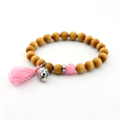 BN1030F wooden beaded pink tassel bracelet buddha charm prayer bead stretch women bracelet