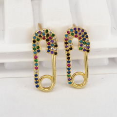 EC1457 Dainty Ladies' Gold Rainbow CZ Micro Pave Safety Pin Earrings , Fashion Diamond Safety Pin Stud Earrings