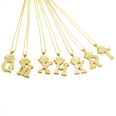 NZ1241 Bling Jewelry Gold Cubic Zirconia Diamond Crown Alphabet Letter Charm Pendant Chain Necklaces Initial jewelry for Women