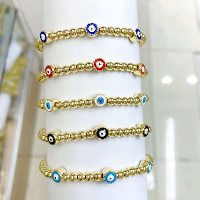BM1056 Chic Tiny Gold Beaded White Shell Colorful Enamel Evil Eyes Beaded Elastic Bracelets for Ladies
