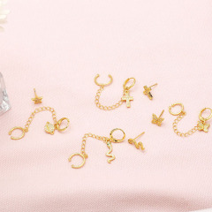 Unbalance Moon & Star Gold Cartilage Threader Climber Earrings with Ear Cuff, CZ Gold Chain Celestial Star Cross Wrap Earring