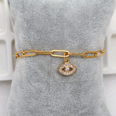 BC1280 Gold Plated Paper Clip Chain Bracelet with Zircon CZ Mary Star Moon and Star Hamsa Hand Charm