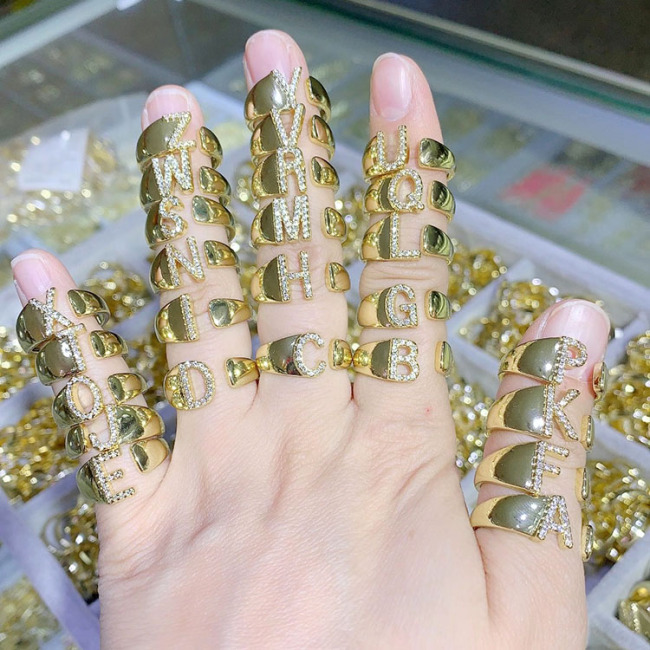 RM1157  Fashion CZ Diamond 26 Alphabet  Letter Copper Ring A-Z Initial Cubic zircon pave Brass Ring