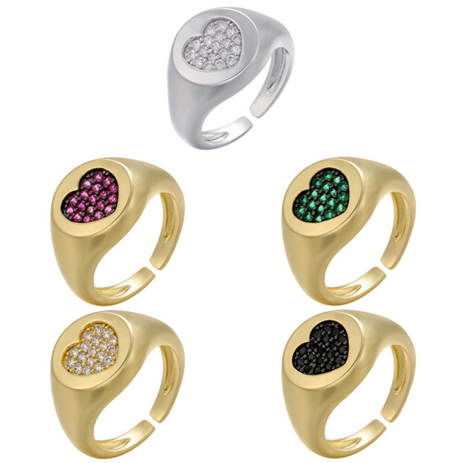 RM1236 Brass Metal Rainbow CZ diamond micro pave heart adjustable cuff Rings