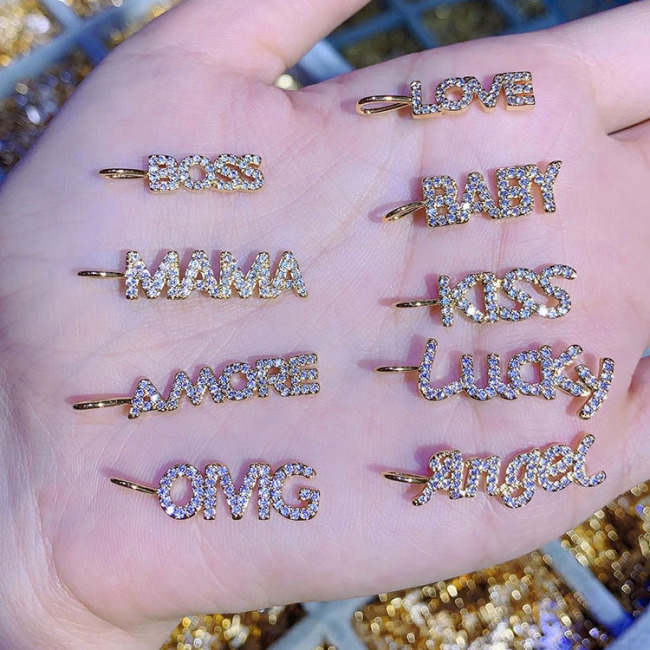 CZ8111 New Dainty Diamond CZ Micro Pave Letter Words Baby Boss Lucky Love Mama Charms for Jewelry Making