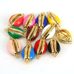 JF8713 Beach Charm Gold Plated Enameled Cowrie Shell Charms Connectors, Enamel Seashell Shells with double bail