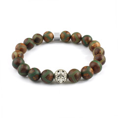BN1004 Wholesale 10mm gemstone matte Tibatan agate beaded Antique Silver Focal Flower Bead Elastic Bracelet