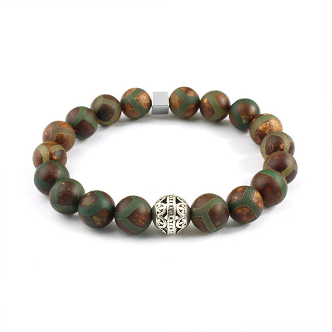 BN1004 Wholesale 10mm gemstone matte Tibatan agate beaded Antique Silver Focal Flower Bead Elastic Bracelet