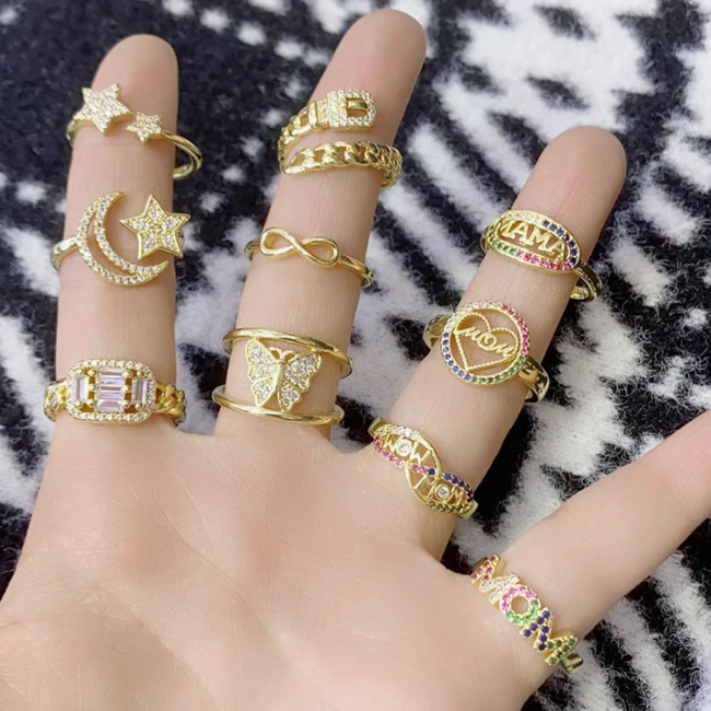RM1403 Mother's Day Jewelry Gift Dainty 18k Gold Plated Diamond CZ Micro Pave Heart Mama Mom Momma Stackable Rings for Ladies