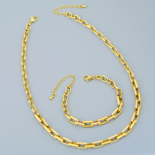 Bling Jewelry CZ Micro Pave Link Chain bracelet and necklace earring set, Zircon Diamond Chain jewelry set for Women