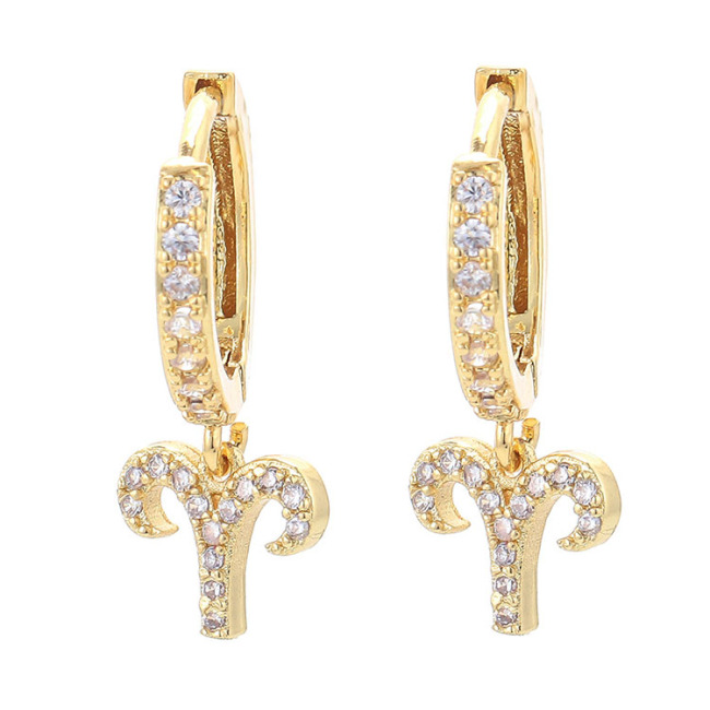 EC1750 18k Gold Plated CZ Micro Pave Astrology Constellation Horoscope Zodiac Sign Charm Huggie Hoop Earrings