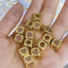CZ8099 Large Hole Gold Plated Diamond CZ Micro paved Heart Dice Cube BOX Jewelry Spacer Beads with Heart Pattern