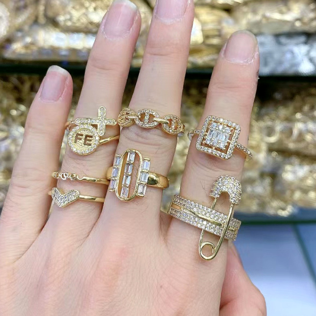 RM1197 New Dainty Minimalist Gold Plated Diamond CZ Micro Pave Fe Cross Heart Safety Pin Oval Double Stack Cocktail Rings