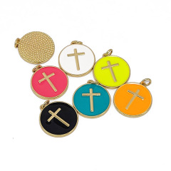 JS1602 18K Gold Plated Cross on Candy Colour Enamel Neon Multicolor Disc Round Charm Pendants JS1602 18K Gold Plated Cross on Candy Colour Enamel Neon Multicolor Disc Round Charm Pendants