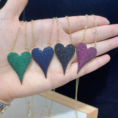 NZ1330 Fashion New 18k Gold Plated Fuchsia Green Blue Black CZ Pave Love Elongated Heart Pendant Chain Necklaces for Women 2022