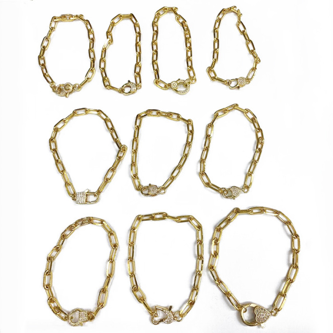 BC1325 Unique 18k Gold Plated Link Chain Bracelet with CZ Paved Heart Lobster Clasp Lock Closure for Ladies Women