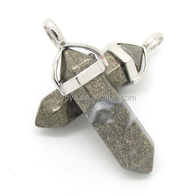 JF6508 Wholesale high quality chakra natural pyrite hexagonal point bullet pendant