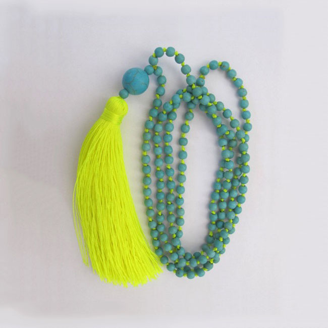 NE2102 Small turquoise beaded necklace, yellow tassel knotted necklace, round turquoise pendant necklace