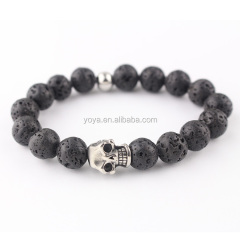 BRA0694 fashion stainless steel skull head black lava bead mens bracelet