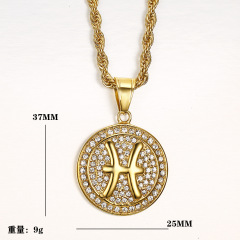 High Quality Men's Gold Plated Crystal Stainless Steel Iced Out Horoscope Pendant Chain Zodiac Necklace Jewelry for Men