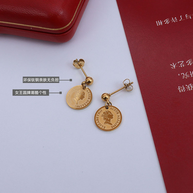 ES1095 High Quality Non Tarnish Gold Plated Stainless Steel Coin Drop Charm Stud Earrings