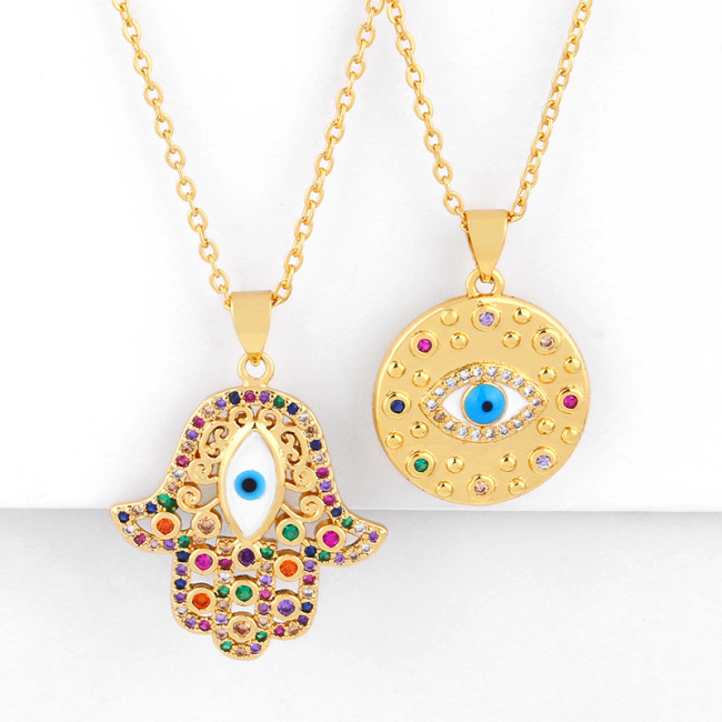 NZ1222 popular rainbow cz diamond pave enamel shell hand evil eyes Charm Pendant Necklaces